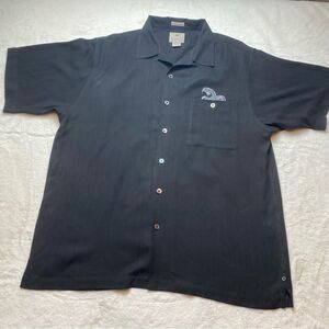 Luau Black 100% Silk Short Sleeve Button Down Embroidered Shirt Size Large